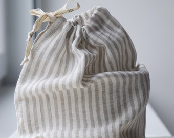 Linen bread bag - Zero waste linen Striped bread bag - Reusable Bags for nuts - Bag for herbs - Kitchen linen