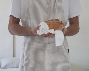 Linen apron. Washed linen apron in striped in natural linen color.  Soft linen kitchen apron for women and man. Christmas gift.