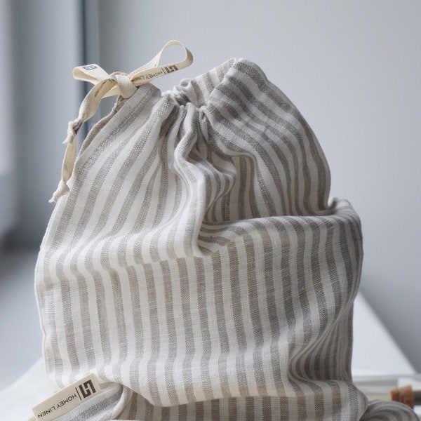 Linen bread bag - Zero waste linen Striped bread bag - Reusable Bags for nuts - Bag for herbs - Kitchen linen