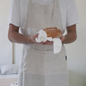 Linen apron. Washed linen apron in striped in natural linen color.  Soft linen kitchen apron for women and man. Christmas gift.