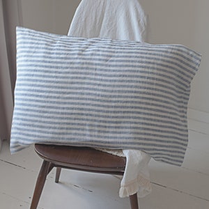 Pure linen pillowcase. Natural striped in blue Linen pillow case. Standard, queen, king, euro sham and custom size pillow cover.