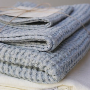 Blue linen waffle towel: hand, body linen towels. Ice blue linen towels. Bath, beach, spa towel. Quality bath linens.