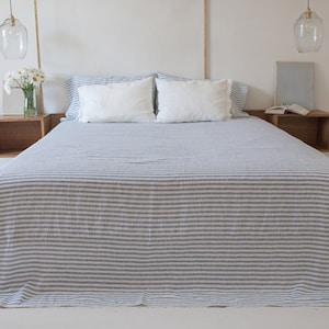 Linen flat sheet. Striped in blue linen bed sheet. Linen sheets King, Queen, Custom size. Pure 100% linen sheet.