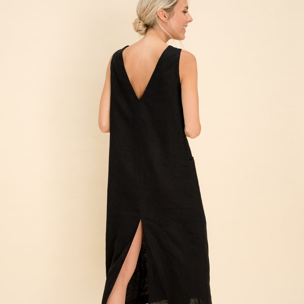 Robe longue élégante en lin. Robe longue en lin avec grandes poches latérales. Robe en lin à col en V. Robe confortable. Robe ample en lin disponible en plusieurs couleurs.