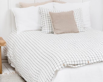 Linen Bedding - Linen Duvet Cover - Duvet Covers - Linen Bedding in Charcoal Grid - King, Queen Size Linen Bedding - Bed Comforters