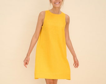 Vestido de lino amarillo. Vestido corto de lino sin mangas. Vestido de lino suelto. Vestido suelto de verano.