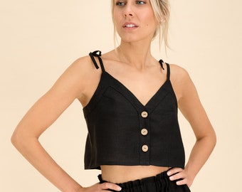 Schwarzes Leinen Crop Top mit Bindebändern, Knopfleiste