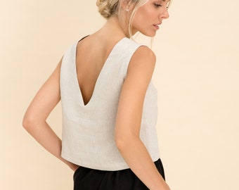 Linen Top. Linen Tank Top. 100% Pure Linen Open Back Crop Top. Linen Sleeveless Top.