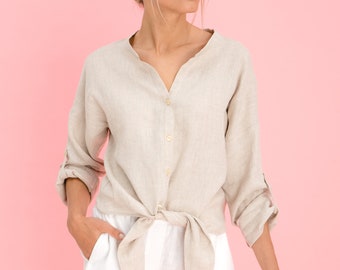 Linen Button Shirt. Tie Front Natural Linen Shirt. Linen Long Sleeves Shirt. Linen Shirt Woman. Beach Linen Clothes.