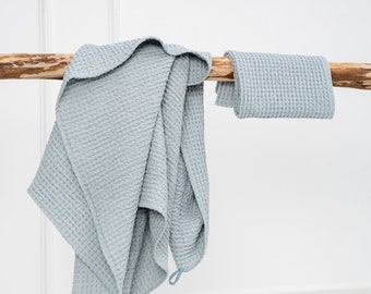 Waffel Leinentücher 2er-SET - Badetücher aus steingewaschenem Leinen, Natural Spa Badezimmer Dekor, skandinavische Handtücher, weiche Leinentücher