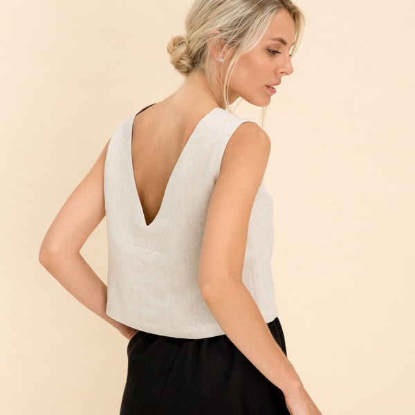 Linen Top. Linen Tank Top. 100% Pure Linen Open Back Crop Top. Linen Sleeveless Top.