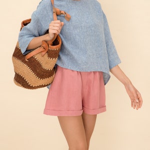 Linen Shorts in Woodrose.  High waisted linen shorts for women. Loose Linen Elastic Waist Shorts. Natural linen shorts.