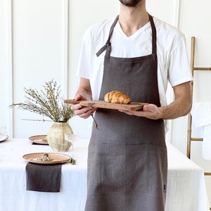 Linen apron. Natural linen full apron with pockets. Soft linen kitchen apron for women and man. Brown linen apron. image 1