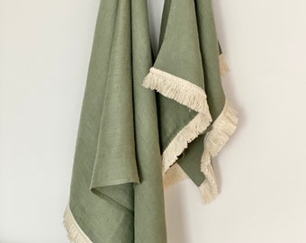Moss green linen towel. Hand, Body towel Set. Softened linen beach, sauna, bath towel. Heavy weight linen towels.