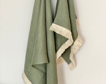 Serviette en lin vert mousse. Ensemble de serviettes pour les mains et le corps. Linge de plage ramolli, sauna, serviette de bain. Serviettes en lin épais.