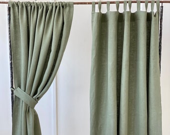 Tab Top Linen Curtain Panel - Rod pocket linen curtains in MOSS GREEN - Custom Linen Curtains - Linen Drapes