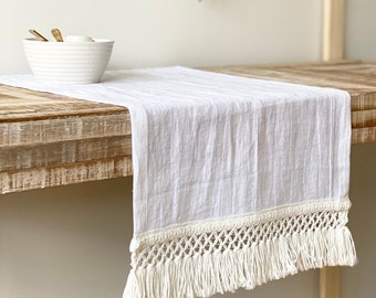 Linen Table Runner With Cotton Macramé. Handmade Linen Runner. Soft and Stonewashed Linen Table Runner. Natural Table Decor.