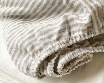 Linen fitted sheet in Striped in Natural. Linen sheet in King, Queen, Custom sizes.