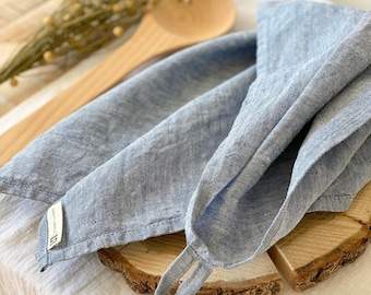 Blauw gemêleerde linnen theedoek, stonewashed keukendoek