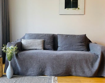 Couch Cover. Natural Sofa Cover in Gray. Linen and Cotton Coverlet. Slipcover for a Couch. Sofa Cover.