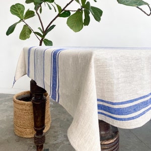 French style linen tablecloth. Handmade linen table cloth. Vintage tablecloth. Striped linen tablecloth.