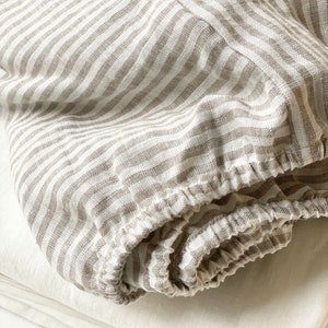 Linen fitted sheet in Striped in Natural. Linen sheet in King, Queen, Custom sizes.