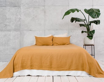 Linen Bedspread - Linen mustard quilt - Linen blanket - Stonewashed linen bedspread - Queen size bedspread - Heavier linen bed throw