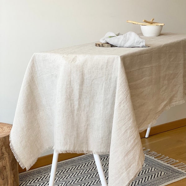 Raw edge natural linen tablecloth. Linen tablecloth. Linen farm style tablecloth. Rustic stonewashed linen table cloth. Heavy weight.