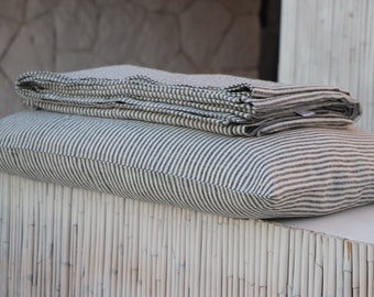 Funda de almohada de lino suave - Funda de almohada de lino lavada en piedra - Lino 100% natural - Funda de almohada de lino a rayas - Funda de almohada de lino hecha a mano