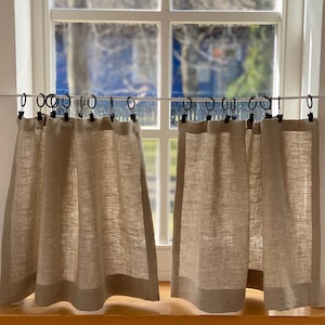 Linen cafe curtains. Kitchen cafe panel. Semi sheer bathroom drapery. Short natural linen curtain panel for rings.