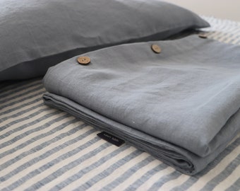 Pure linen bedding. Linen bedding SET with pillowcases. Duvet cover and 2 pillow covers. Gray blue Linen bedding. King, Queen linen bedding.