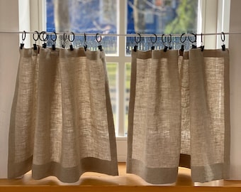 Linen cafe curtains. Kitchen cafe panel. Semi sheer bathroom drapery. Short natural linen curtain panel for rings.