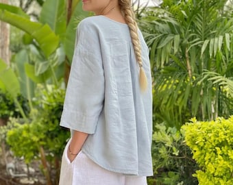 Oversized Linen Top with 3/4 Sleeves, Ice Blue
