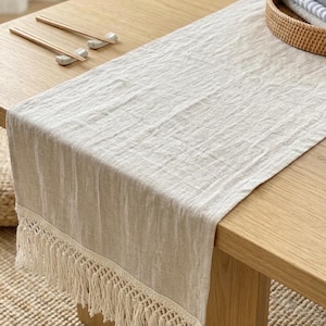 Linen Table Runner. Handmade Linen Table Runner with Cotton Macramé Fringe. Natural Stonewashed Linen Custom Size Wedding Runner.