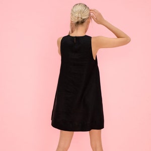 Black Linen Mini Dress. Short Linen Dress with Fancy Hem. Short Black Elegant Dress. Comfortable Dresses. image 2