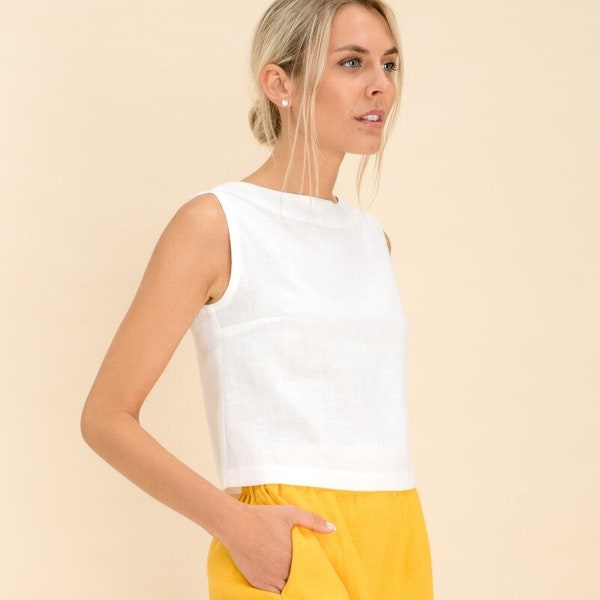 Witte Linnen Crop Top. Losse linnen top. Open achterkant linnen crop top. Elegante linnen top. Linnen Blouse. Handgemaakte linnen kleding voor vrouwen.