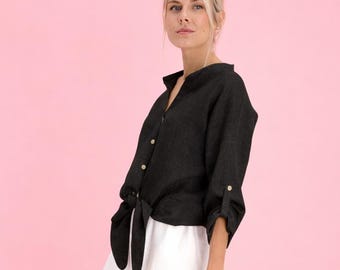 Linen Button Shirt: Tie Front Long Sleeve, Handmade. Light Linen Blouse.