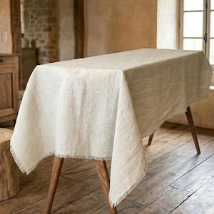 Tovaglia in lino con bordo grezzo / Tovaglia in lino stonewashed pesante / Decorazione da tavolo rustica in stile fattoria / Copritavolo in lino naturale