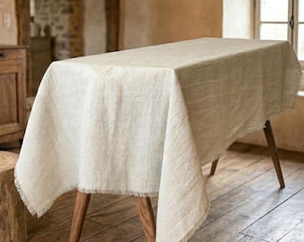 Raw Edge Linen Tablecloth | Heavyweight Stonewashed Linen Tablecloth | Rustic Farmhouse Table Decor | Natural Linen Table Cover