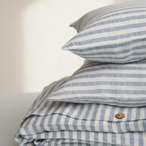 Blue Striped Linen Bedding Set, Stonewashed Linen Duvet Cover, Pillowcases