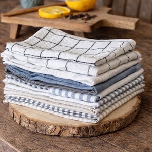 Paños de cocina de lino natural de primera calidad - Toallas de mano de lino lavado a la piedra - Toallas de lino natural con presilla para colgar