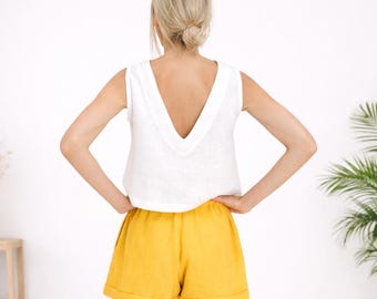 Handmade Linen Crop Top for Women – Open Back Blouse, Elegant Summer Linen Top, Minimalist Boho Shirt, Made in Lithuania