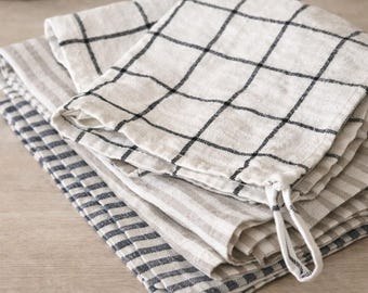 Handmade Stonewashed Linen Tea Towel, Striped Linen Kitchen Towels, Washed Linen Hand towel, Stonewashed Dish Towels