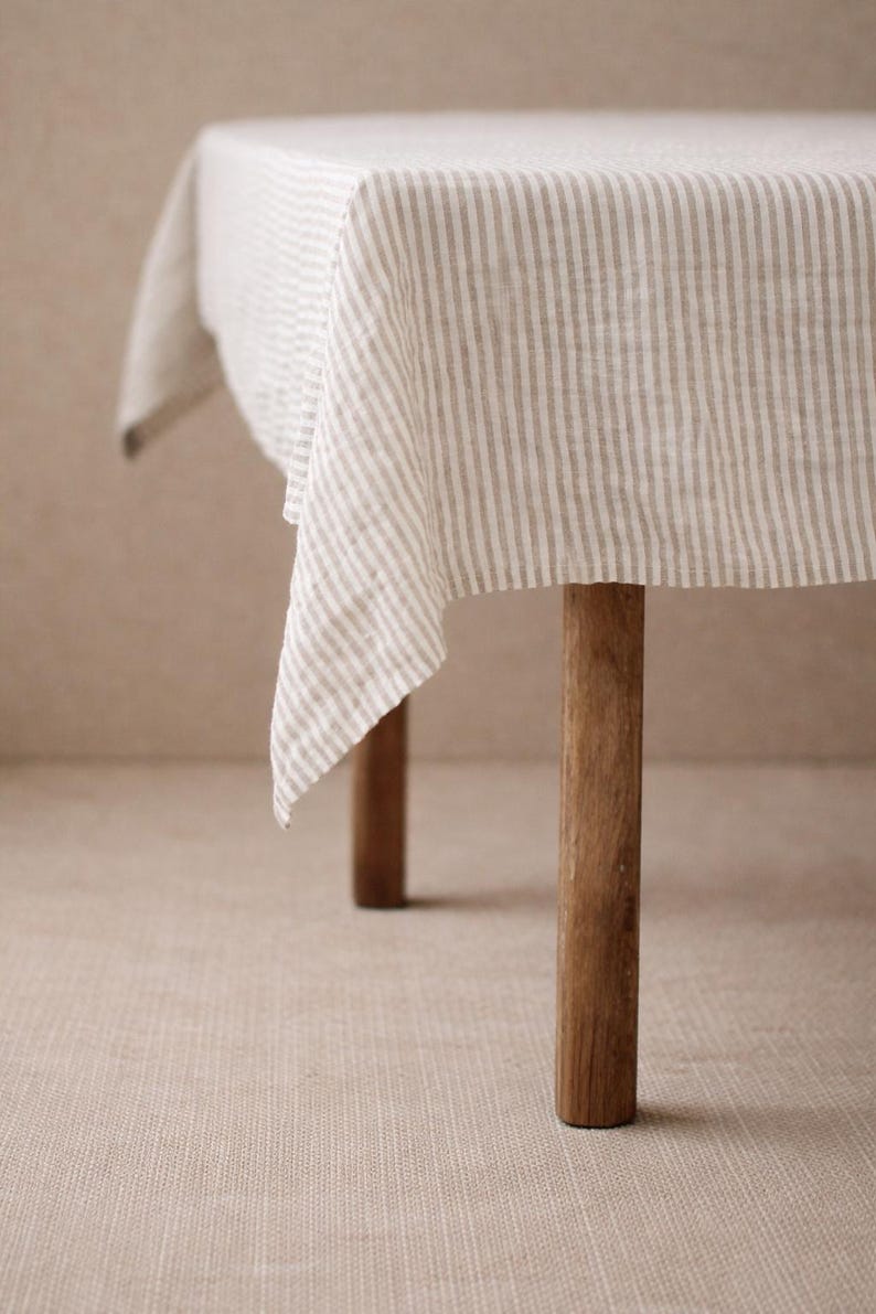 Striped Washed Linen Tablecloth, Custom Size Table Linen, Rustic Farmhouse Table Cover, Natural Softened Linen, Striped Dining Decor image 3