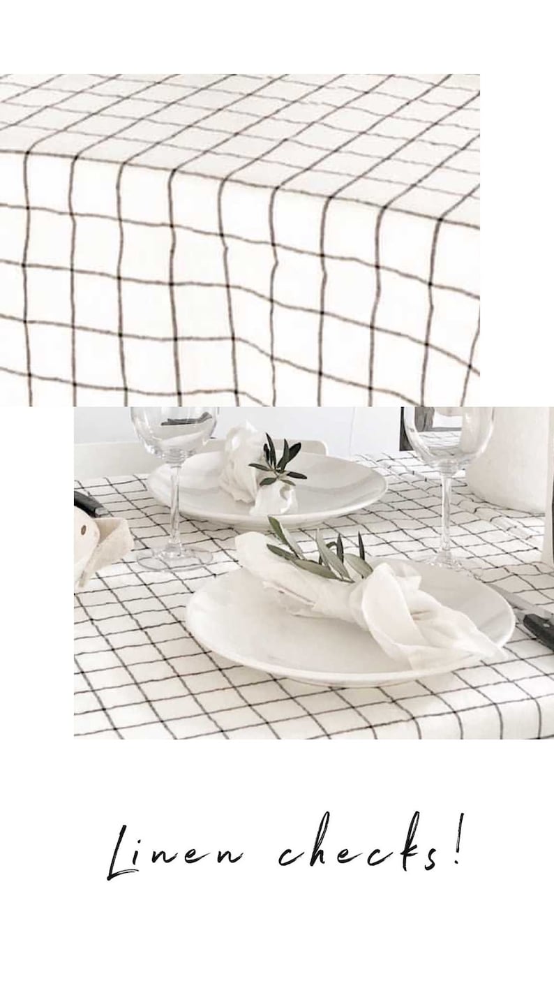 May include: White linen tablecloth with a black grid pattern. The table is set with white plates, napkins, and glassware. The text "Linen checks!" is written in cursive at the bottom of the image.