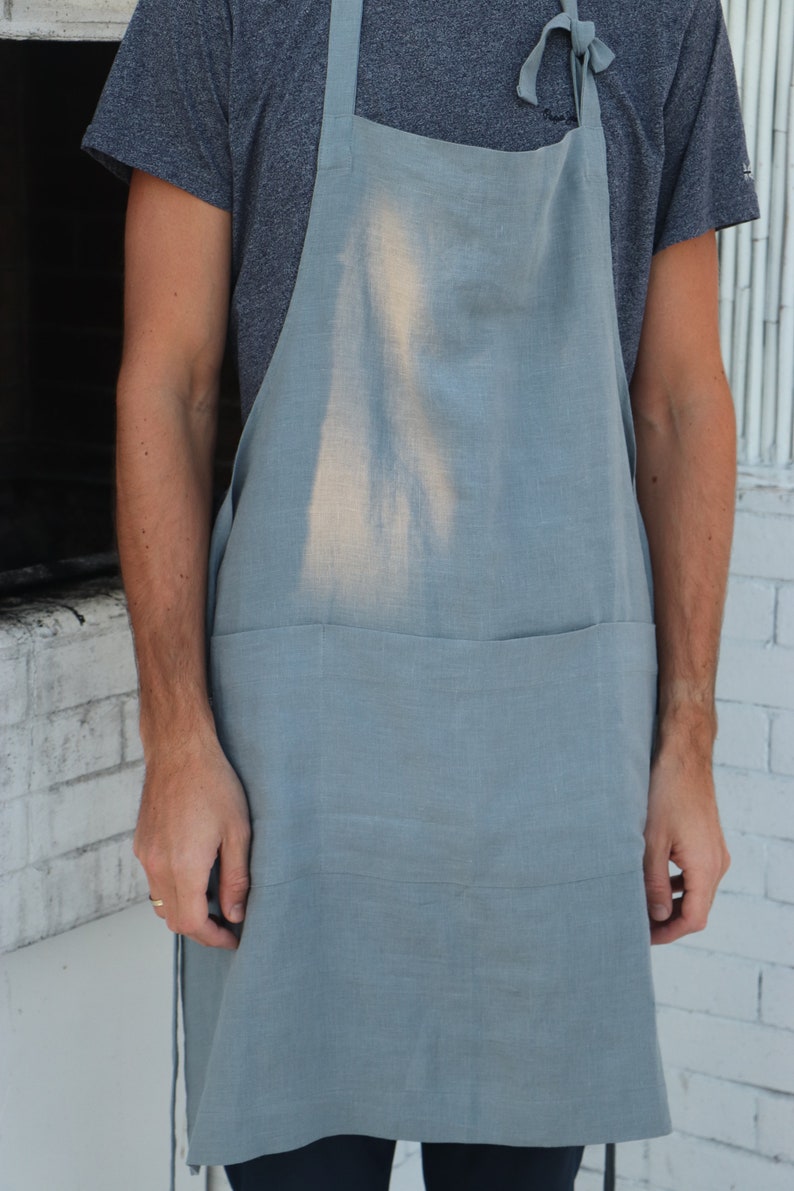 Natural linen kitchen apron / Apron with pockets / Linen pinafore / Unisex apron / Gift for her / Grey blue linen apron image 4