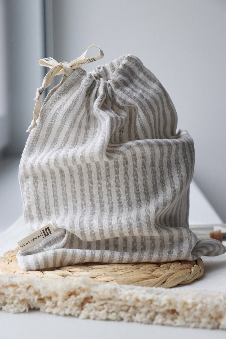 Reusable linen bag linen bread bag Bags for nuts Bag for herbs Kitchen linens Striped linen bag Gift image 3