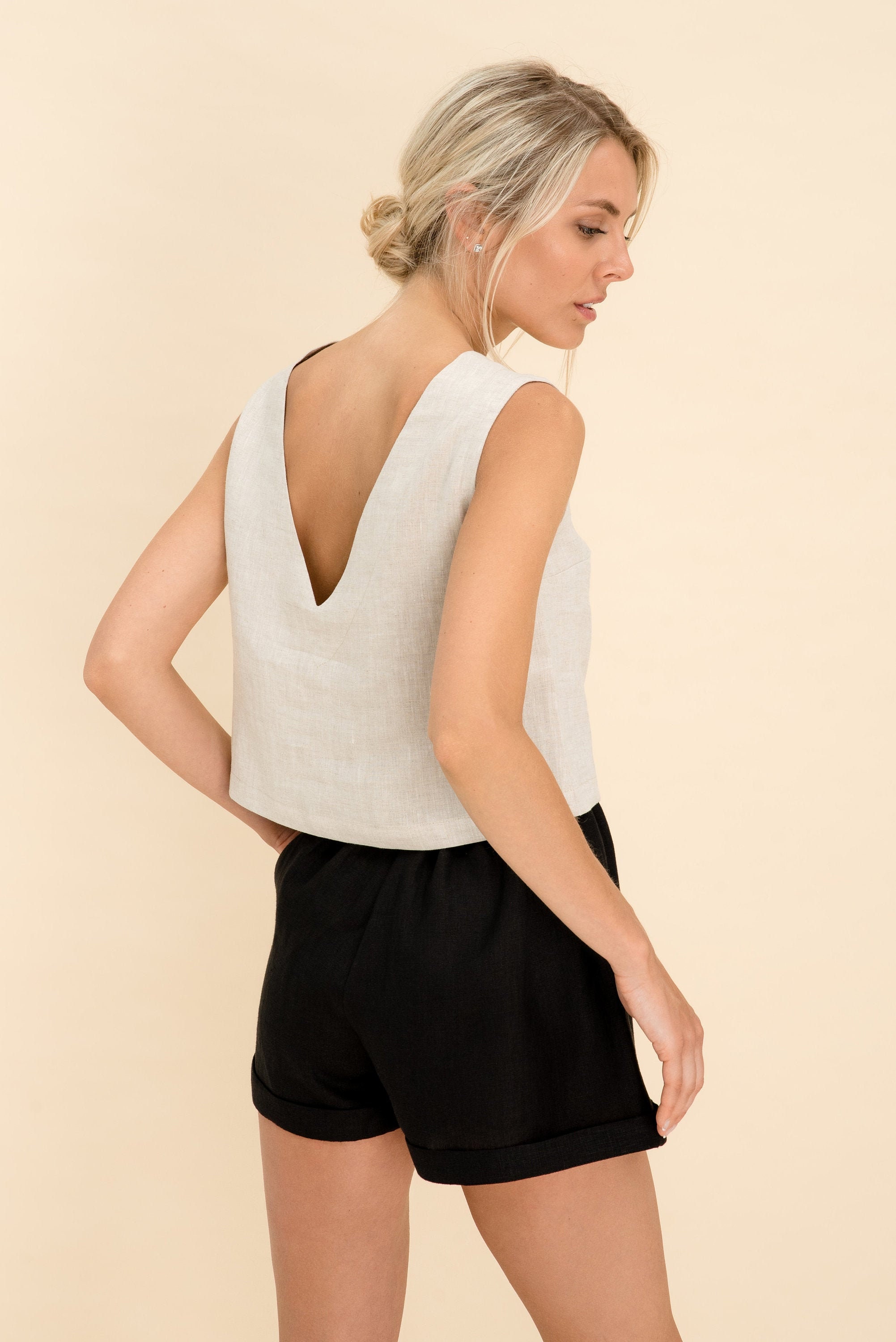 Linen Top. Linen Tank Top. 100% Pure Linen Open Back Crop Top. Linen Sleeveless Top.
