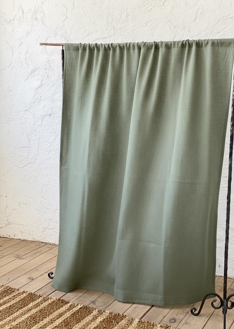 Cortinas de linho verde musgo com efeito lavado, painéis de cortina de linho com bolso para varão, cortinas de linho macias para quarto, decoração rústica para sala de estar. imagem 7