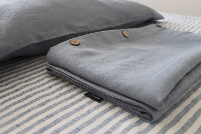 Pure linen bedding. Linen bedding SET with pillowcases. Duvet cover and 2 pillow covers. Gray blue Linen bedding. King, Queen linen bedding. image 1